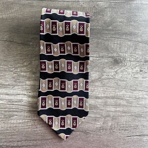 Vintage Savane Mens‎ Retro Silk Necktie Burgundy Black Geometric USA Made 90s